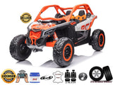 The Orange 2x24V/4WD Official Can-Am Maverick Ride on Buggy, LX Performance, for kids features two seats, EVA rubber wheels, a powerful battery, eco leather seats, 4x4 capability, and exciting music in a rugged orange/black design.