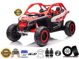 The Red 2x24V/2WD Official Can-Am Maverick Ride on Buggy, LX Performance features off-road specs including a powerful engine, two leather seats, EVA rubber wheels, and 4x4 drive. Licensed and Exclusive badges are displayed alongside icons for remote control capabilities.