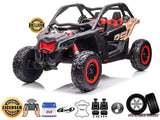 The 2 Seater Official 2x24v Can-Am Maverick RS Ride on Buggy, LX Performance 4WD Edition, is showcased in black and red with rugged tires. This licensed kids ATV features leather seats, EVA rubber wheels, and is powered by a 24V battery.