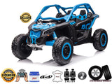 Meet the Blue 2 Seater Official 2x24V Can-Am Maverick X Ride-On Buggy, LX Performance 4WD Edition. It features a rugged design with EVA rubber wheels, leather seats, MP3 capability, and an official license for thrilling adventures.