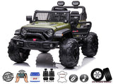 Introducing the Green 2 Seater 24v Xtreme 2WD Edition Kids Ride on Truck, a Jeep-like electric toy with an olive green finish, parental remote control, black accents, roll bars, off-road tires, leather seats for two, USB connectivity, and durable EVA rubber wheels.