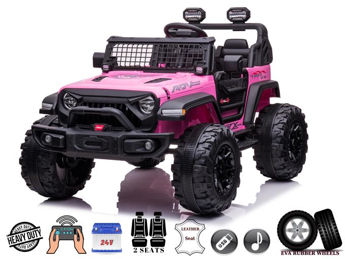 The Pink 24V/2WD Xtreme Edition Ride-on Truck features a front grille guard, large black tires, off-road lights, two leather seats, a USB port, and EVA wheels for adventurous rides.