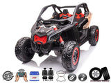 The Black 2x24V/2WD Official Can-Am Maverick Ride on Buggy, LX Performance, features a black and red design, rugged tires, roll cage, two seats, decorative front elements, leather seat, USB port, and EVA rubber wheels.