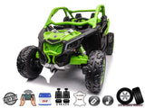 The Green 2 Seater Official 24v Can-Am Maverick X Ride on Buggy, LX Performance 2WD Edition features rugged eco leather seats, EVA rubber wheels, USB connectivity, and a robust sound system with icon displays for the ultimate off-road experience.