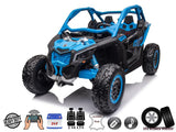 The Blue 2 Seater Official 24V Can-Am Maverick X Ride-on Buggy, LX Performance 2WD Edition features blue and black colors with leather seats, large treaded EVA rubber wheels, a durable design, USB port, parental remote control, and digital icons to highlight its specifications.