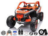 Adventure awaits with the Orange 2x24V/2WD Official Can-Am Maverick Ride on Buggy, LX Performance. Featuring EVA rubber wheels, heavy-duty suspension, leather seats, a USB port, LED lights, and a powerful 24V battery. Check product icons below for details.