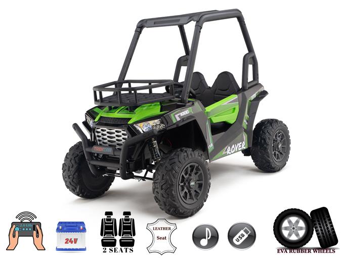 The Green 2 Seats Golf Buggy 24V Edition Kids Ride On Car/UTV features EVA rubber wheels, leather seating, USB port, remote control capability, and musical fun for endless adventures in a stylish green and black design.