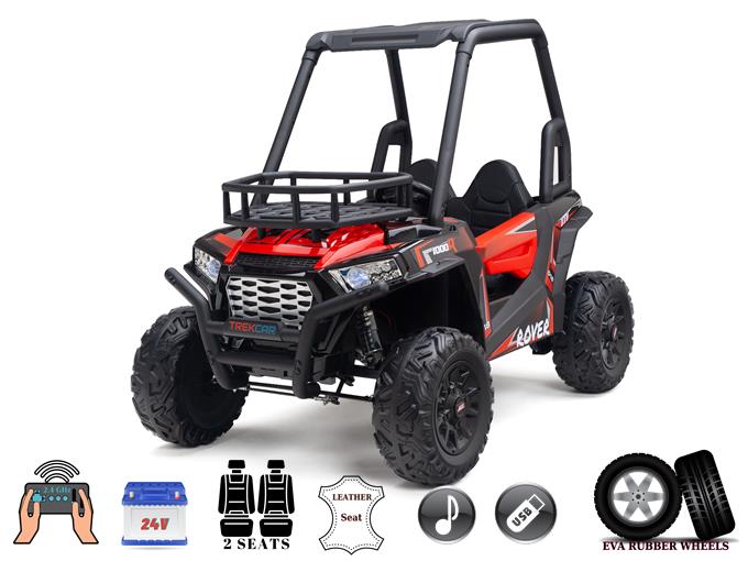 The 2 Seats Golf Buggy 24V Edition Kids Ride On Car UTV with RC features a red and black off-road design with large EVA rubber wheels, two leather seats, USB port, music capabilities, and a parental remote. Perfect for adventurous kids craving a mini golf buggy thrill!.