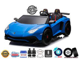 The Blue Giant Official Limited Edition Lamborghini SV 24V/180W for Big Kids is a blue toy car resembling a luxury ride-on supercar. It has black accents, red-trimmed eco-leather seats, two seats, heavy-duty label, EVA rubber wheels, and features a 12V 14Ah battery with a powerful 180W brushless motor.