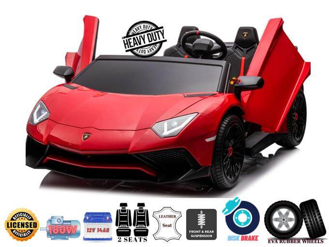 The Kids VIP offers the Red 24V/180W Lamborghini SV Limited XXL Edition, a ride-on toy car with open scissor doors. It features front and rear suspension, two seats, disc brakes, EVA rubber wheels, all highlighted by icons. This toy can speed up to 10MPH!.