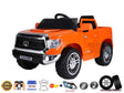 The Orange Licensed Upgraded 12V Toyota Tundra Kids Ride On Truck with RC has a black steering wheel and seat, silver grille and rims, real lights, EVA rubber wheels, and a powerful 12V 7AH battery for an authentic adventure for kids.