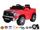 The Red 12V Licensed Upgraded Toyota Tundra 1 Seater Kids Ride On Truck with RC features black seats, silver rims, rubber wheels, and headlights. Realistic details include icons for parental remote control and leather seats, offering an authentic experience.