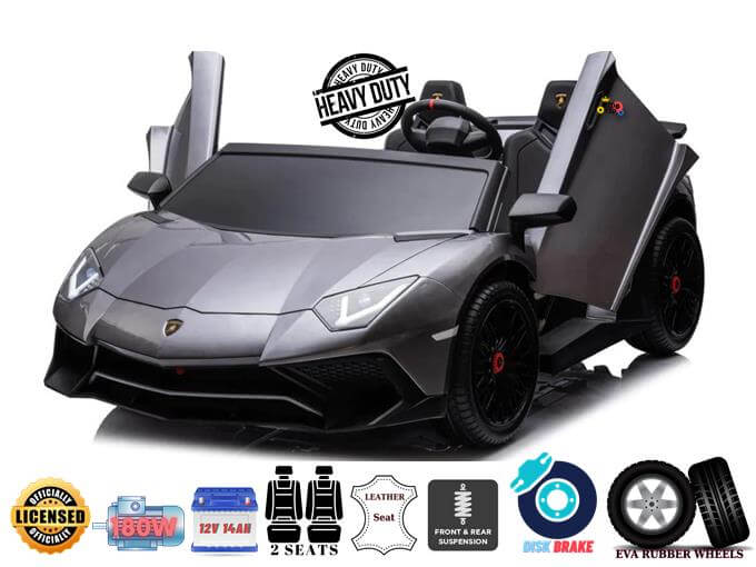 Image of a sleek, silver sports toy car with upward-opening doors. The Grey Giant Limited Edition Lamborghini SV features graphics for two eco-leather seats, disk brake, EVA rubber wheels, and a 24V 180W battery. Available in an exclusive XXL Edition for big kids up to 10MPH!.