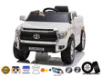 The White Licensed Upgraded 12V Toyota Tundra 1 Seater Kids Ride On Truck with RC features realistic details, a black interior, durable Eva rubber wheels, leather seat, LED lights, and a remote-controlled power system.