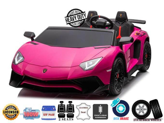 The Pink 24V/180W Lamborghini SV Limited XXL Edition features two seats, black details, 12V power, leather seats, front/rear suspension, disk brakes, and EVA rubber wheels. This sporty ride-on supercar from Kids VIP is perfect for adventurous kids and reaches speeds up to 10MPH.