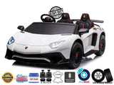 The White 24V/180W Lamborghini SV Limited XXL Edition reaches up to 10MPH, showcasing black and red accents, two seats, a steering wheel, and detailed headlights. Icons highlight its licensed design, 12V 14AH battery, EVA rubber wheels, and eco-leather seats for an ultimate driving experience.