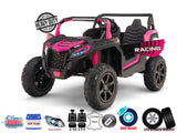 Introducing the Big Kids 24V/180W Blade XR Pink Edition: a robust Racing toy off-road vehicle. It features LED lights, two leather seats, a USB port, a disk brake, and upgraded inflatable EVA rubber tires for an authentic ride-on buggy experience.