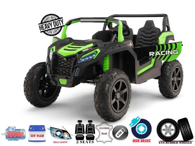 The Green 2 Seater XXL Blade XR Edition 24V 180W Ride On Buggy UTV is a black and green toy off-road vehicle with bold Racing text, featuring a robust design, ECO leather seats, USB, disk brakes, EVA rubber wheels, and a powerful 24V battery.