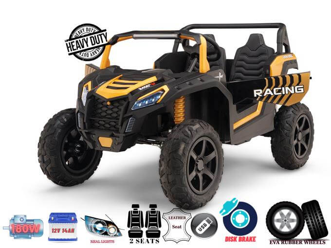 The Gold 2 Seater XXL Blade XR Edition Ride On Buggy UTV features rugged wheels, dynamic graphic designs, Heavy Duty elements, Leather Seat, USB, and Disk Brake details. Powered by a robust 24V 180W motor, it promises thrilling rides.