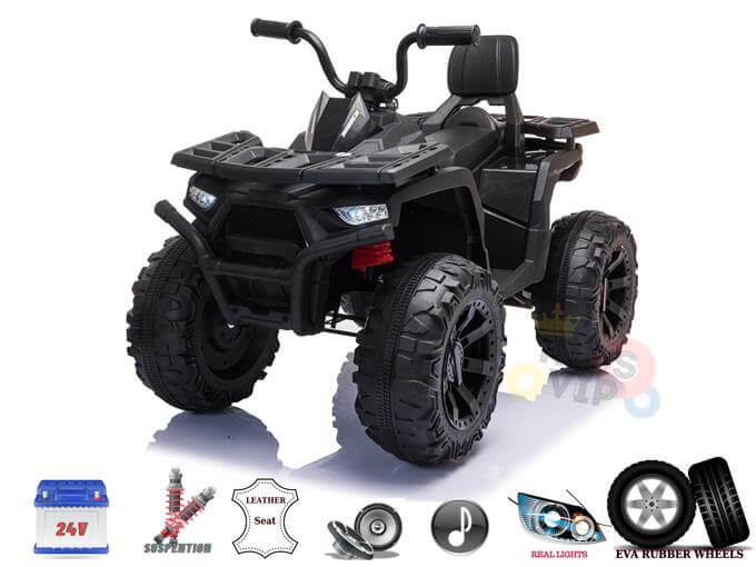 The Black 24V Titan Ride On Quad for kids boasts rugged tires, handlebars, a seatbelt, suspension, a leather seat, real lights, music capability, and durable EVA rubber wheels. Icons for each feature are displayed below the ATV.