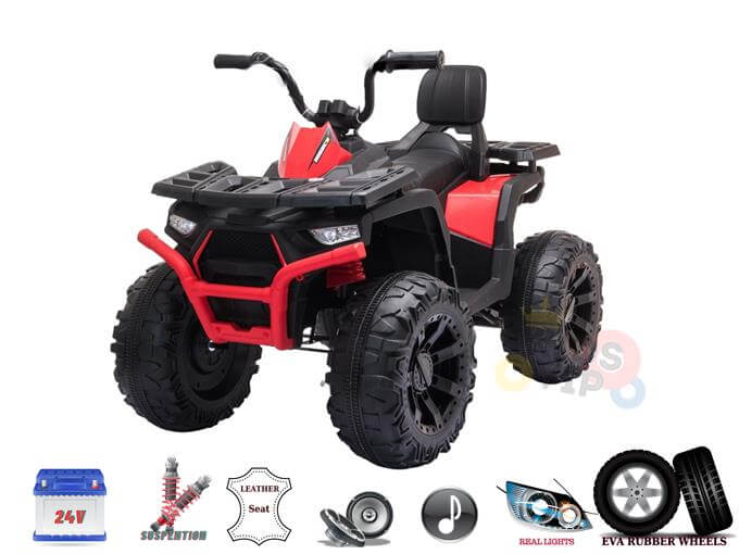 The Red 24V Titan Ride-On Quad/ATV for Kids features large red and black rubber wheels, a comfortable leather seat, sturdy handlebars, effective suspension, real lights, and music capabilities.