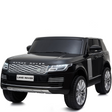 The Black 24V Official Range Rover Complete MP4 Edition Kids Ride On Car with RC is an electric toy car styled after a black Range Rover, featuring detailed headlights, a front grille, and the Land Rover logo on the front plate. It is displayed on a white background for a sleek presentation.