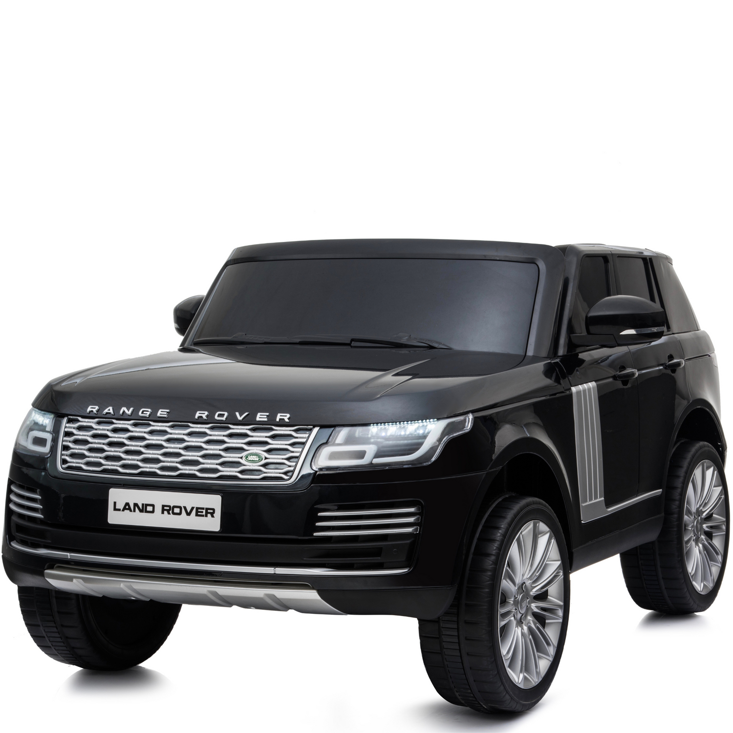 The Black 24V Official Range Rover Complete MP4 Edition Kids Ride On Car with RC is an electric toy car styled after a black Range Rover, featuring detailed headlights, a front grille, and the Land Rover logo on the front plate. It is displayed on a white background for a sleek presentation.
