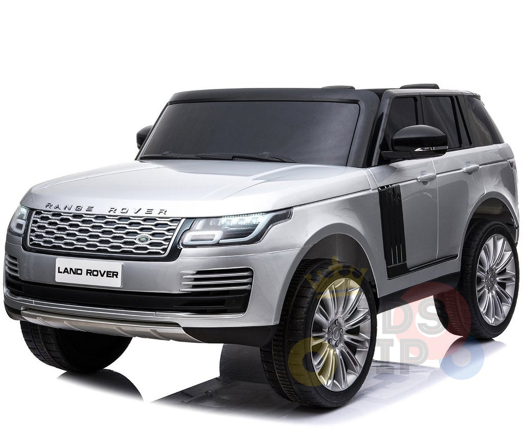 Special Edition silver Range Rover Kids Ride On Car featuring black accents, large wheels, and realistic design, elegantly displayed on a plain white background. This 24V Complete Silver Edition model includes two seats and RC/MP4 functionalities.