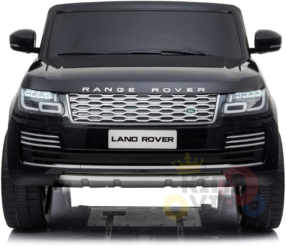 Front view of a Black 24V Official Range Rover Complete MP4 Edition Kids Ride On Car showcases upgraded details like headlights, grille, and Range Rover branding on the hood. It has realistic proportions and design, mimicking a full-sized vehicle.