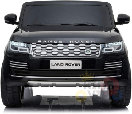 Front view of a Black 24V Official Range Rover Complete MP4 Edition Kids Ride On Car showcases upgraded details like headlights, grille, and Range Rover branding on the hood. It has realistic proportions and design, mimicking a full-sized vehicle.