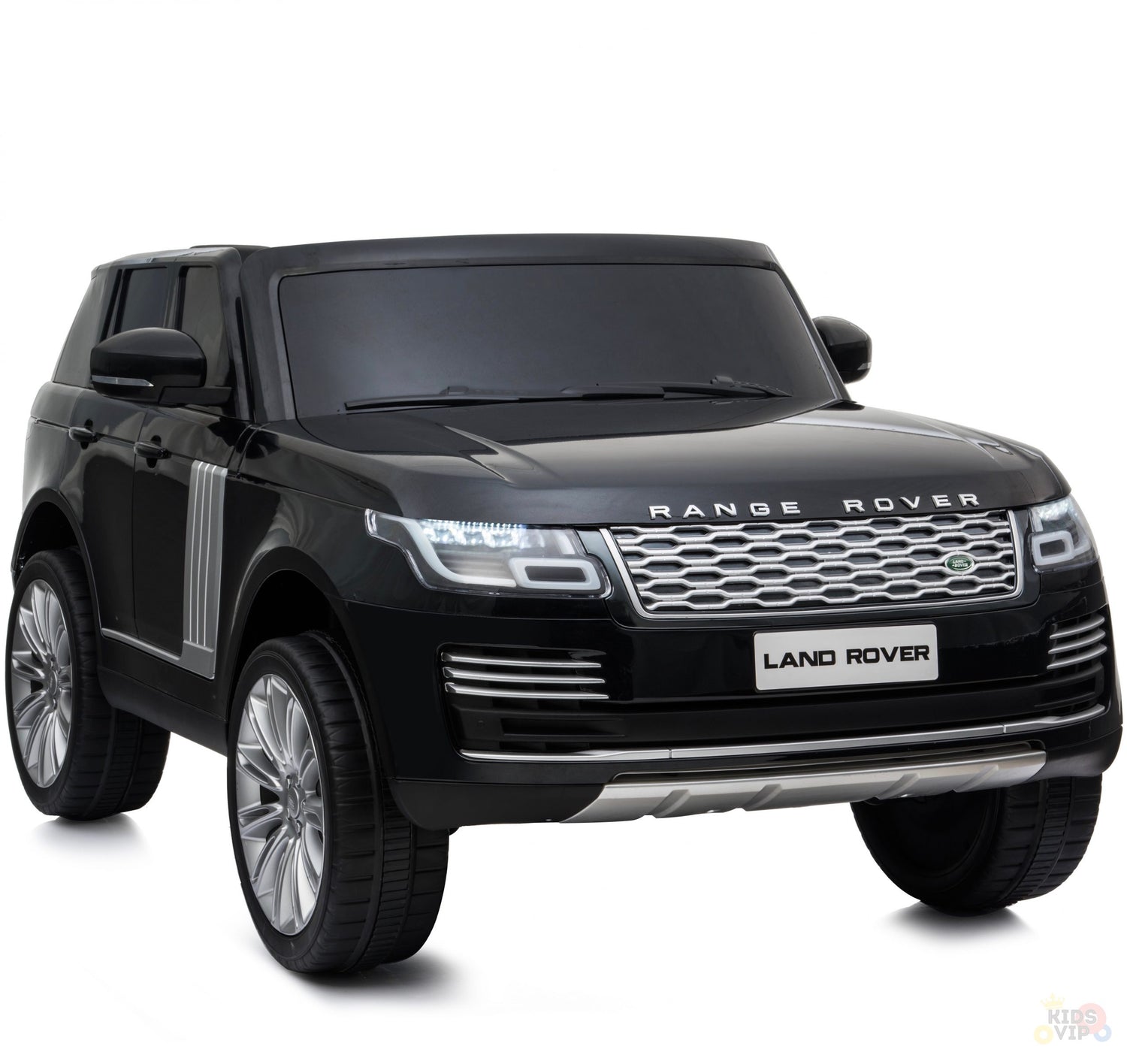The Black 24V Official Range Rover Complete MP4 Edition Kids Ride On Car with RC features a sleek design, realistic details like headlights and a grille, and silver accents. Its upgraded features ensure expert remote control operation.