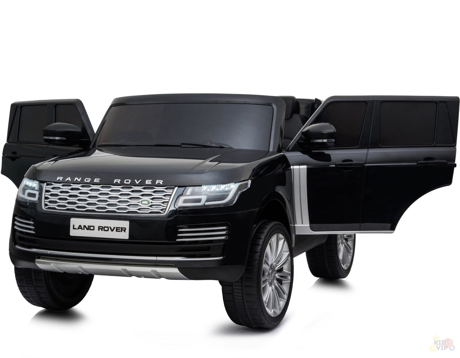 The Black 24V Official Range Rover Complete MP4 Edition Kids Ride On Car with RC, features realistic details like open front and rear doors, headlights, grille, and logo. This toy car mirrors a full-sized SUV with upgraded features for added authenticity.
