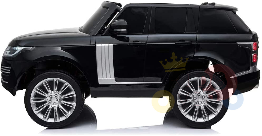 The Black 24V Official Range Rover Complete MP4 Edition kids ride-on car, showcasing chrome accents and large silver wheels, includes a remote control for upgraded functionality. Ideal for little explorers, this luxury SUV toy car shines against a white background.