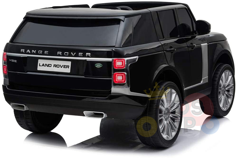 Modeled after a black Range Rover HSE, the Black 24V Official Range Rover Complete MP4 Edition Kids Ride On Car with RC features enhanced rear lights, branding, and chrome exhaust pipes for a realistic look thats perfect for kids.