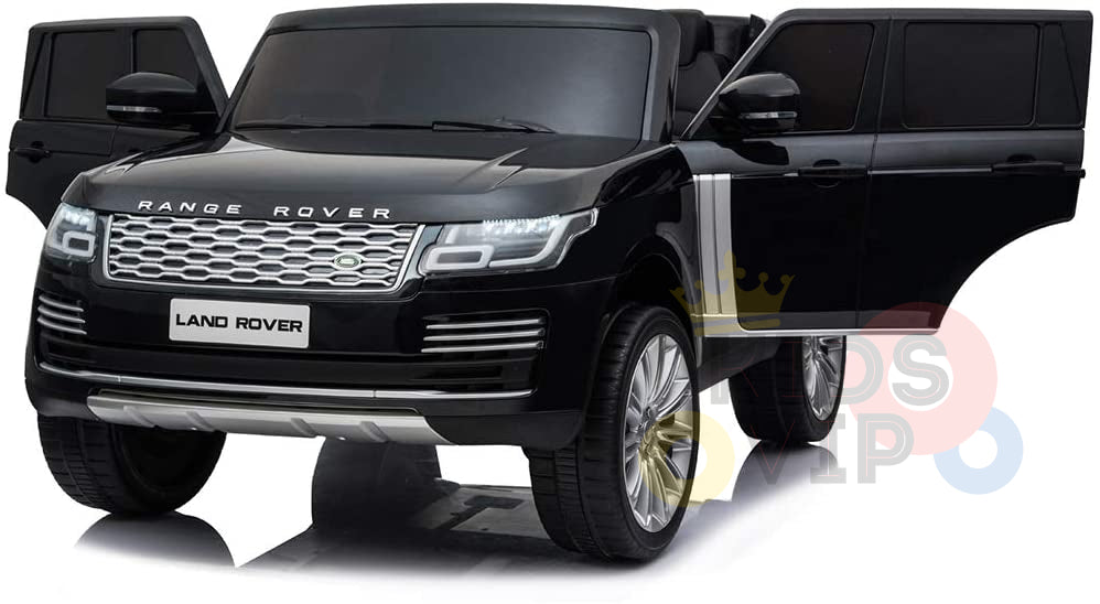 The Black 24V Official Range Rover Complete MP4 Edition Kids Ride On Car with RC features a detailed grille, headlights, and iconic Land Rover logo. Its shiny black design with front doors open stands out on a plain background, making it a standout among remote control vehicles.
