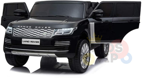 The Black 24V Official Range Rover Complete MP4 Edition Kids Ride On Car with RC features a detailed grille, headlights, and iconic Land Rover logo. Its shiny black design with front doors open stands out on a plain background, making it a standout among remote control vehicles.
