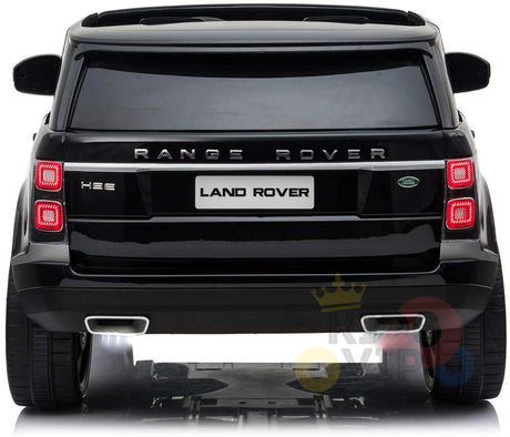 Rear view of the Black 24V Official Range Rover Complete MP4 Edition Kids Ride On Car, featuring tinted windows, HSE, and LAND ROVER branding. The toy includes upgraded taillights and exhausts, set against a white background.