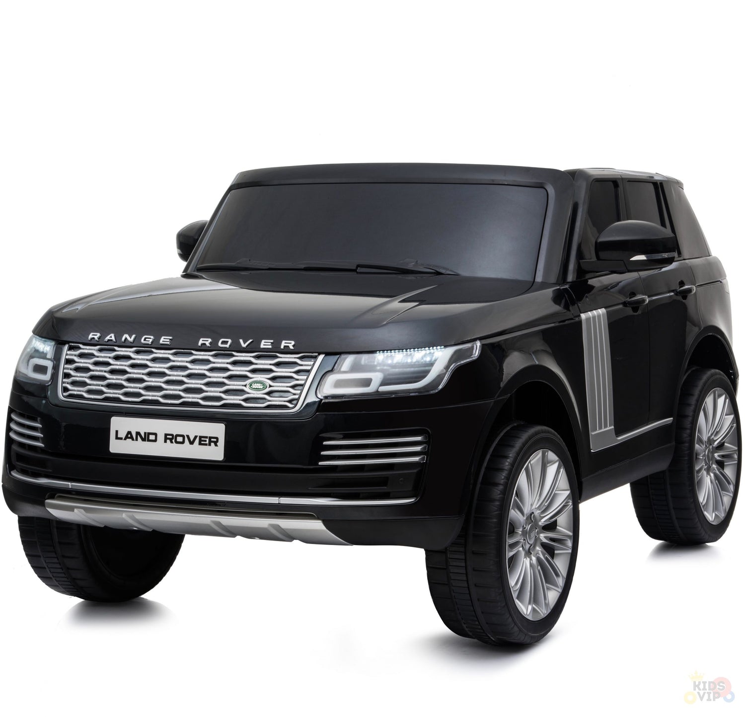 The Black 24V Official Range Rover Complete MP4 Edition Kids Ride On Car with RC features front lights, a realistic badge, silver accents, and a sleek design, providing an exciting remote control experience.