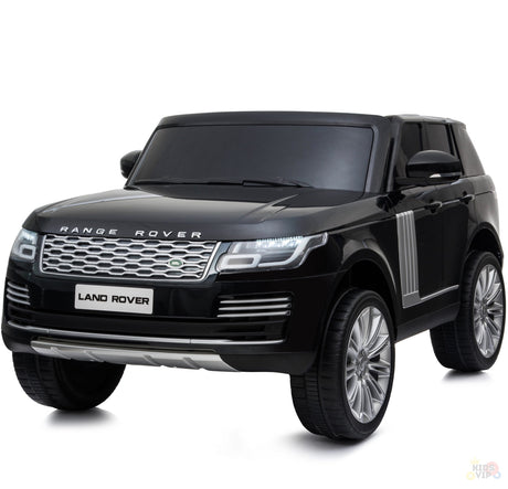 The Black 24V Official Range Rover Complete MP4 Edition Kids Ride On Car with RC features front lights, a realistic badge, silver accents, and a sleek design, providing an exciting remote control experience.