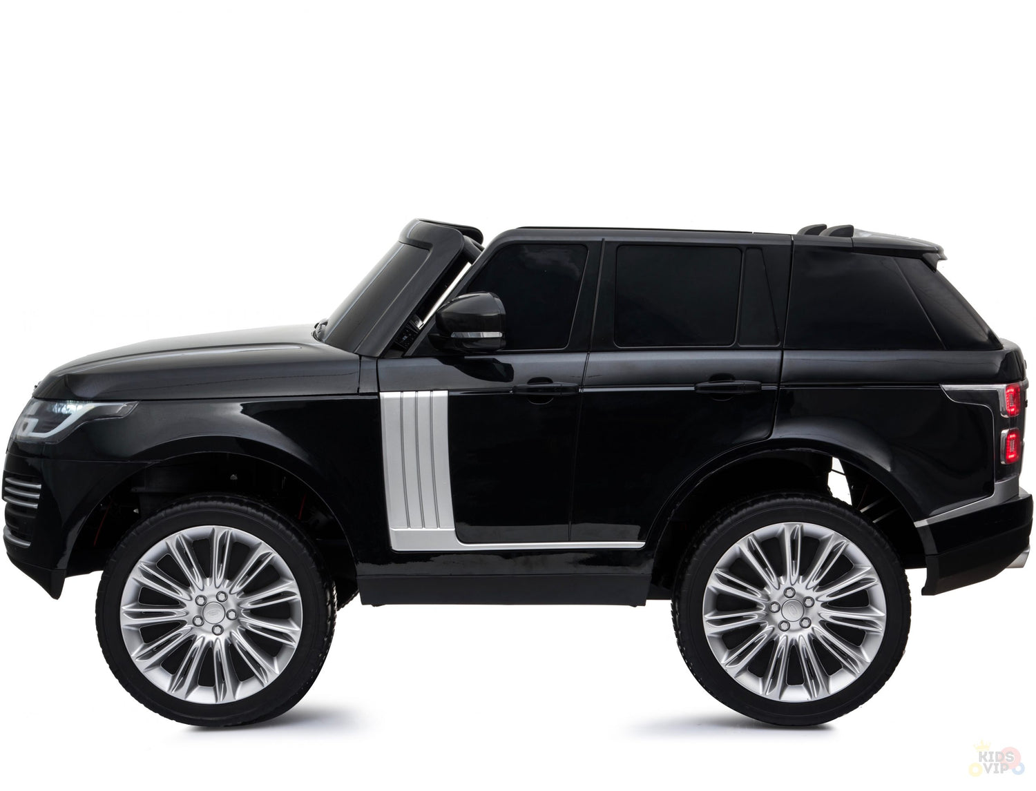 The Black 24V Official Range Rover Complete MP4 Edition Kids Ride On Car with RC is a sleek toy resembling a black SUV with silver accents and large wheels, offering upgraded features for an enhanced remote control experience, set against a crisp white background.