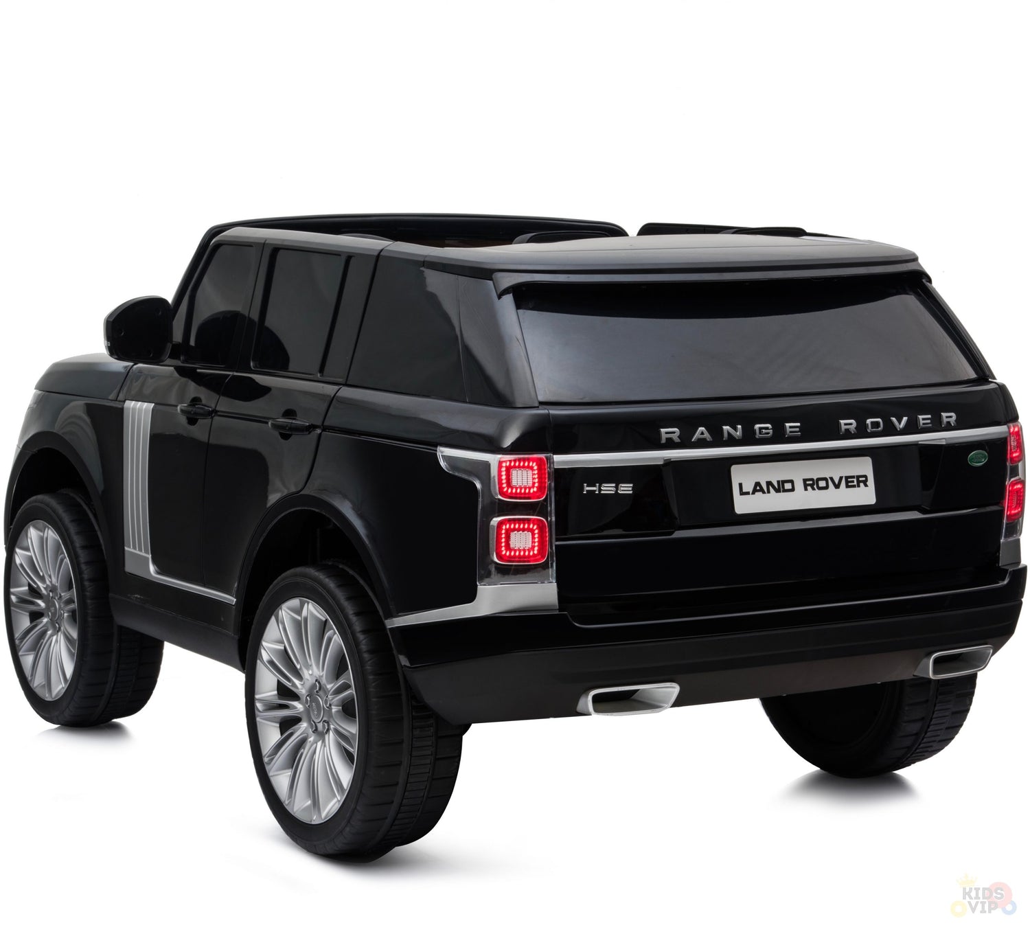 The Black 24V Official Range Rover Complete MP4 Edition Kids Ride On Car with RC features detailed headlights, side mirrors, and realistic wheels, plus Range Rover, HSE, and Land Rover branding.