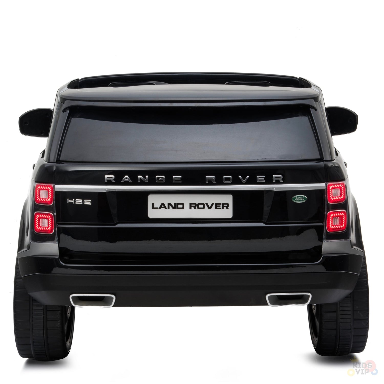 Rear view of the Black 24V Official Range Rover Complete MP4 Edition Kids Ride On Car with RC, displaying the brand logo, model name, unique rectangular taillights, and detailed exhaust.