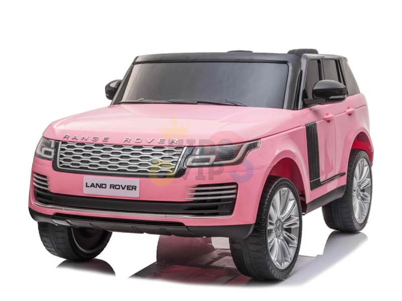 Pink 24V Official Range Rover Complete MP4 Edition Kids Ride On Car with RC, featuring silver accents, black trim, and detailed wheels. The front showcases a Range Rover label, embodying the stylish Pink Ride On Car set against a white background.