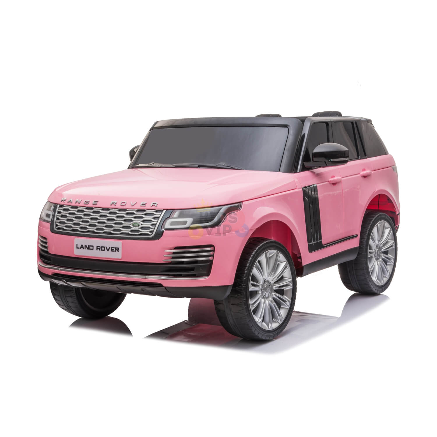 The Pink 24V Official Range Rover Complete MP4 Edition Kids Ride On Car with RC features a realistic design, detailed wheels, front grille, and Land Rover branding. Photographed on a white background, this charming toy car is an ideal pink ride for little adventurers.