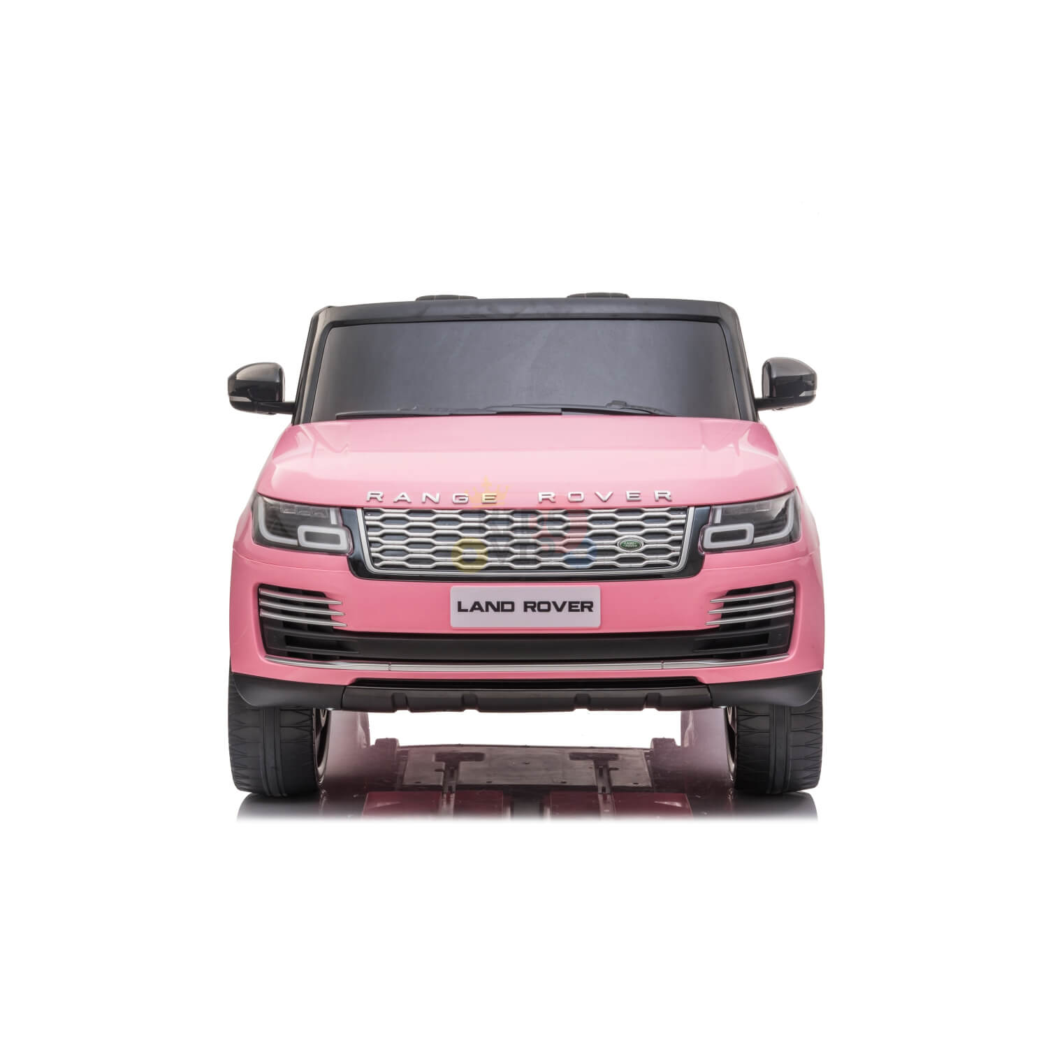 A pink 24V Official Range Rover Complete MP4 Edition Kids Ride On Car with RC is shown from the front, highlighting its detailed grille, headlights, and Land Rover branding on a white background.