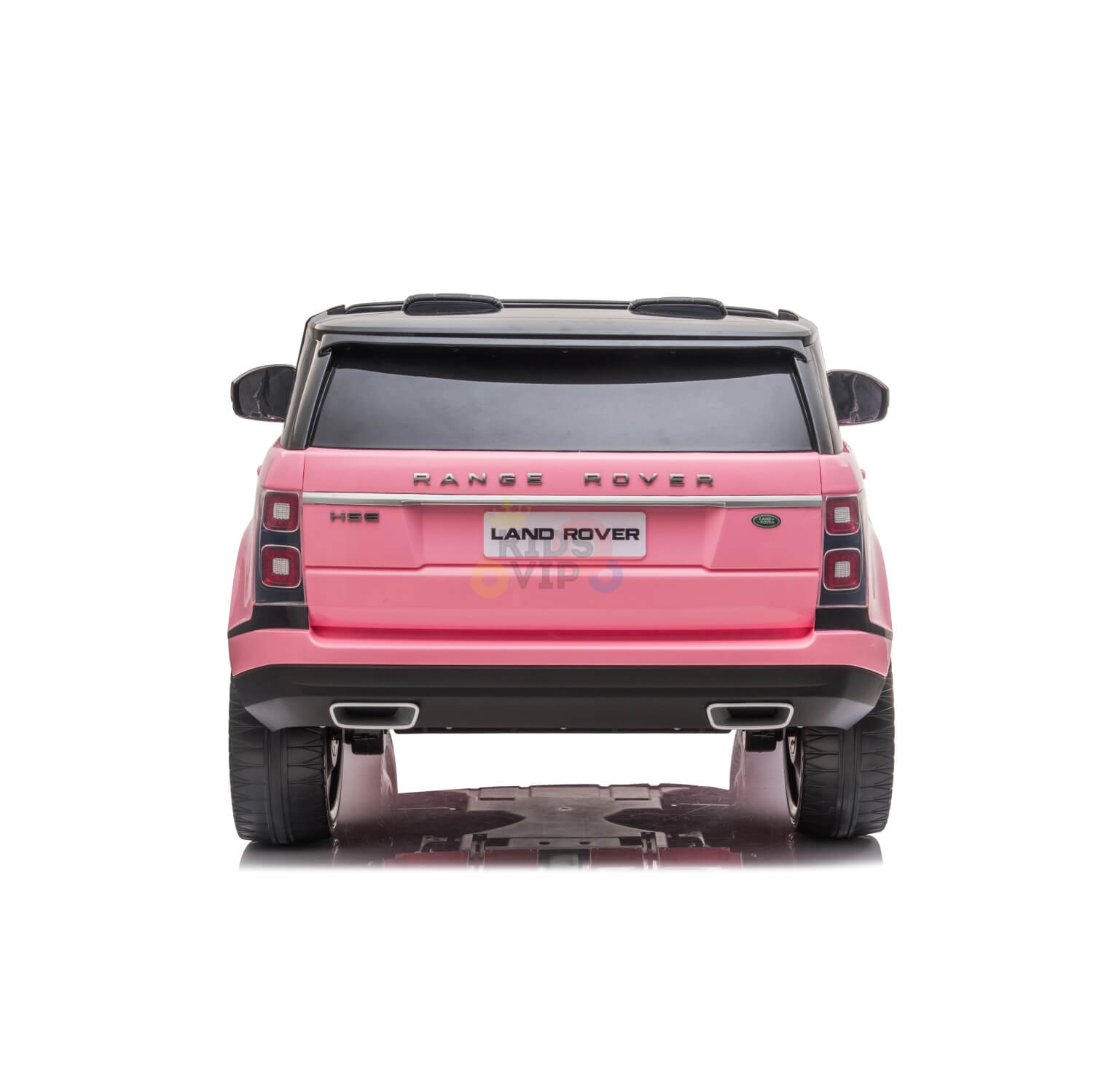 The rear view of a Pink 24V Official Range Rover MP4 Edition Kids Ride On Car with RC appears against a white background, showcasing black-tinted windows, silver exhaust pipes, and detailed back branding.