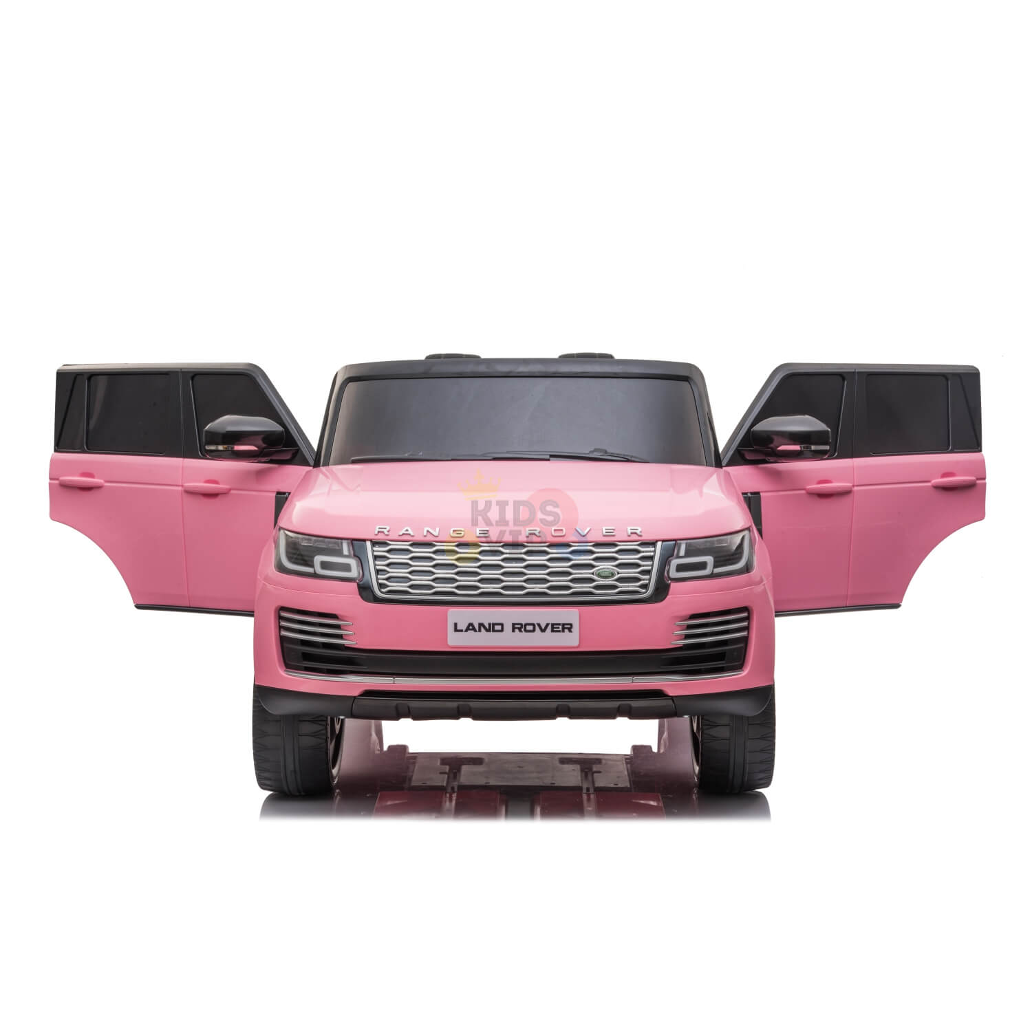 The Pink 24V Official Range Rover Complete MP4 Edition Kids Ride On Car with RC has a detailed front grille, LAND ROVER logo on the plate area, and both front doors open, making it perfect for children dreaming of driving their own stylish Range Rover.