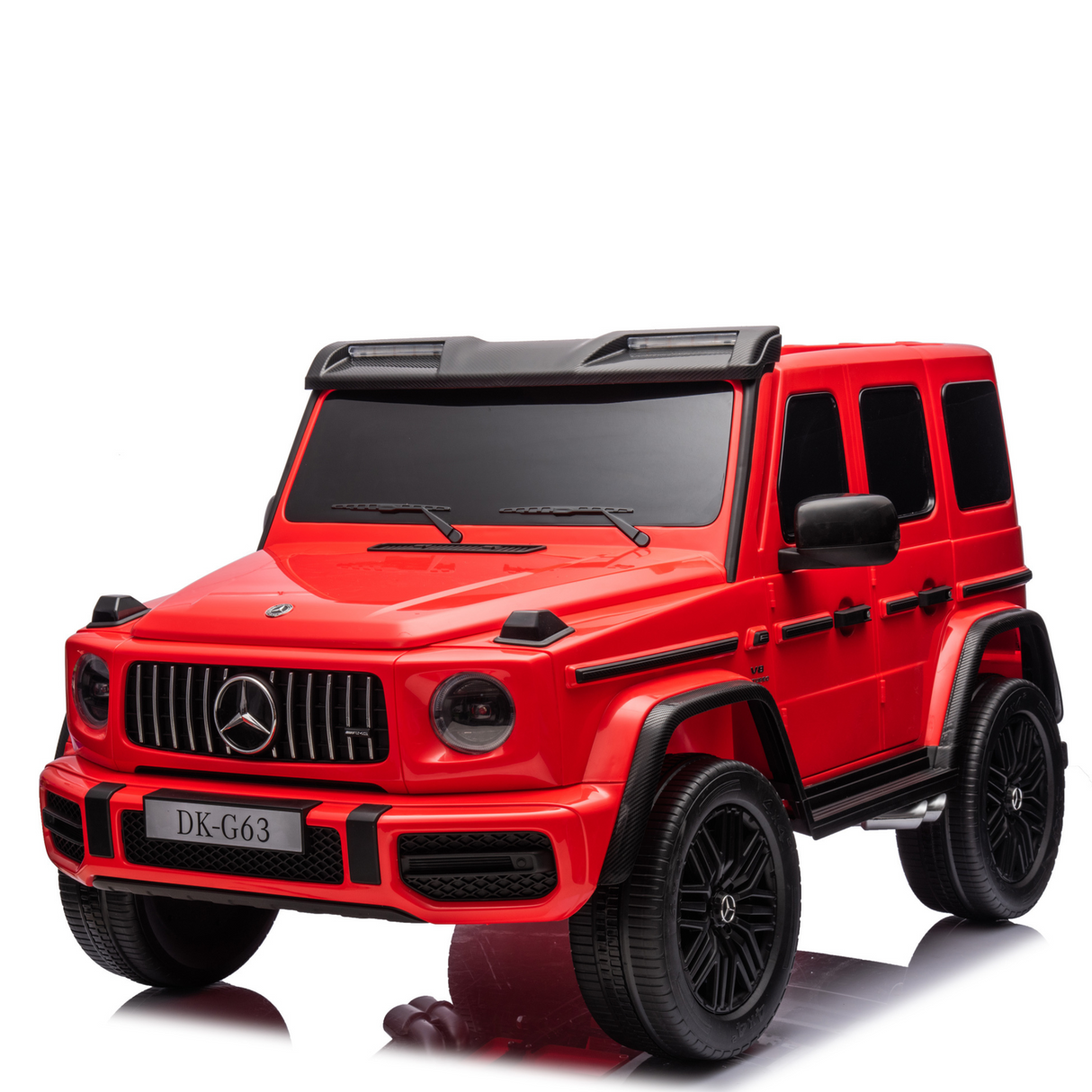 The Red 2x24V/4WD Platinum XXL Mercedes G63 Ride On Truck features an iconic design, with MP4 capability, EVA wheels, leather seats, a prominent grille, LED lights, shiny black wheels, and remote control access for fun against a sleek white background.