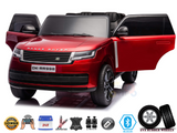 The Red Metallic 24V Range Rover Ride-On SUV with EVA Wheels & Parental Control has dual seating, open doors, and a realistic design. It features badges for USB, Bluetooth, leather seats, and EVA rubber wheels below the car image.