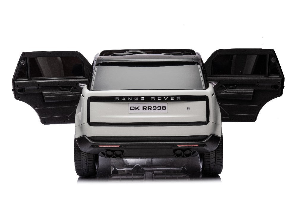 The White 24V Range Rover Ride-On SUV, seen from the back with its front doors open, has a white body, black windows, and a license plate DK-RR998. It includes EVA wheels and parental control features.